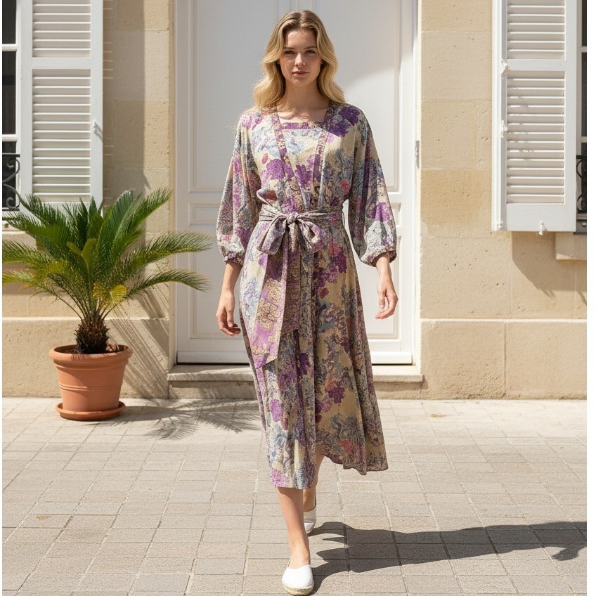 Diane Freis Petites Silk Midi Dress Purple Floral Modest 3/4 Sleeve Vintage
